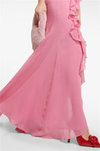 Deep V Halter Pink Ruffle Maxi Dress image 5