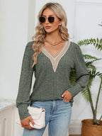 Rosalie Lace Ribbed Blouse detail view styled for Avrienne