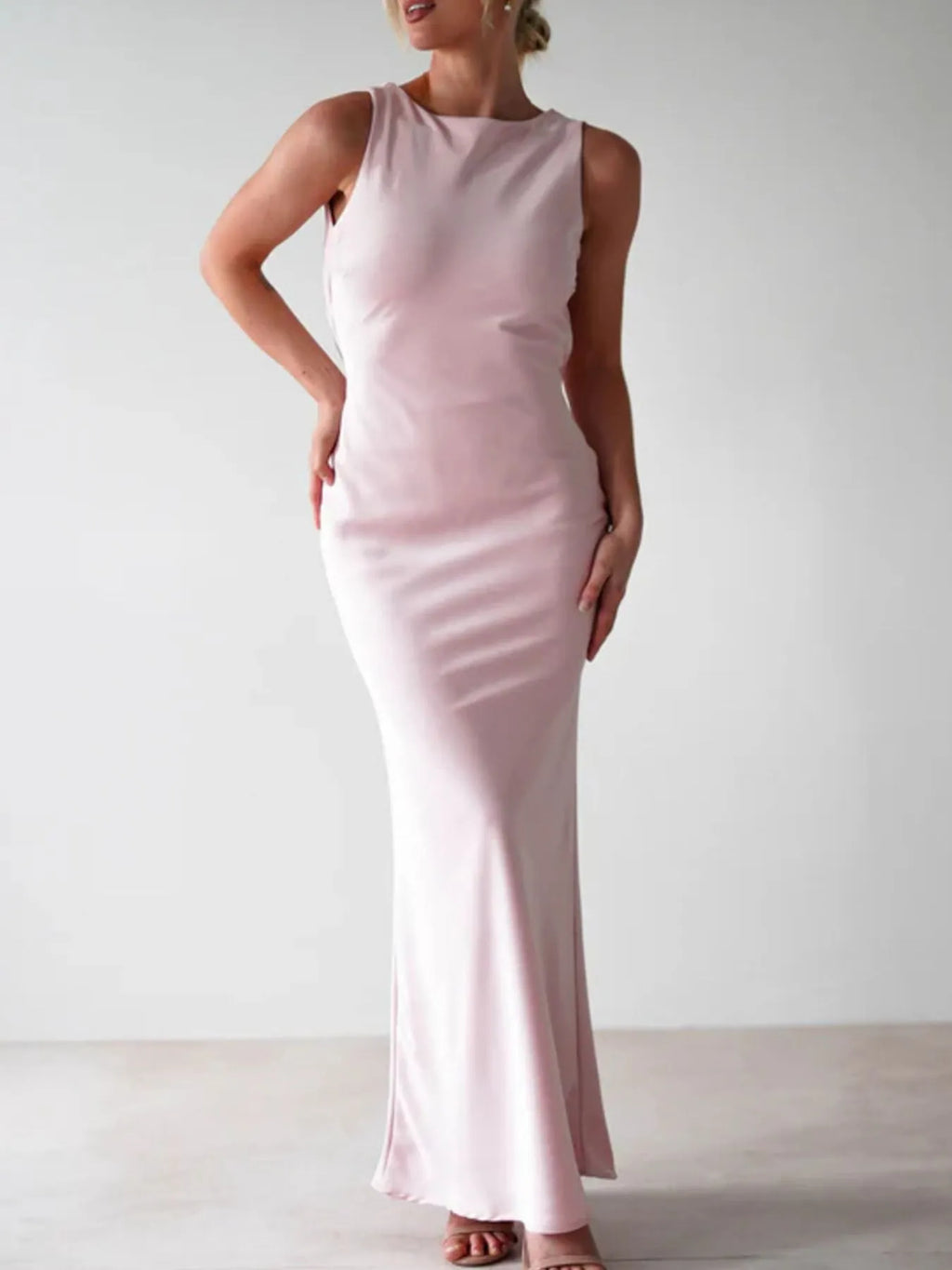 Sylvie Satin Maxi Dress detail view styled for Avrienne