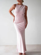 Sylvie Satin Maxi Dress detail view styled for Avrienne