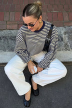 Striped Color Block Crew Neck Loose Long Sleeve Tee image 4