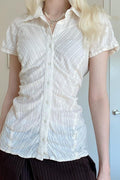 Polo Collar Ruched Slim Texture White Blouse image 1