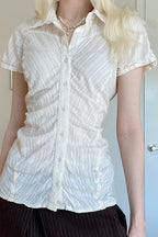 Polo Collar Ruched Slim Texture White Blouse image 1