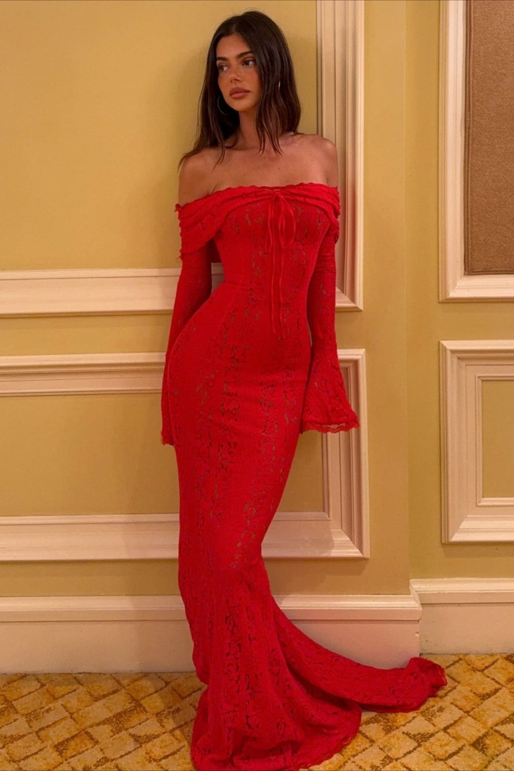 Off Shoulder Lace Flare Sleeve Fitted Train Elegant Maxi Dress image 6