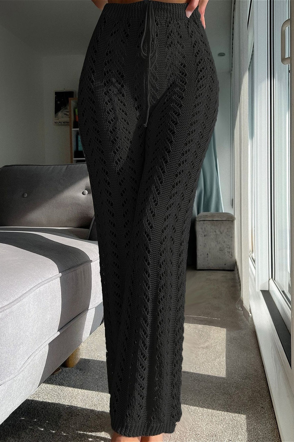 Vacation Knit Hollow Out Tie Flared Pants image 3