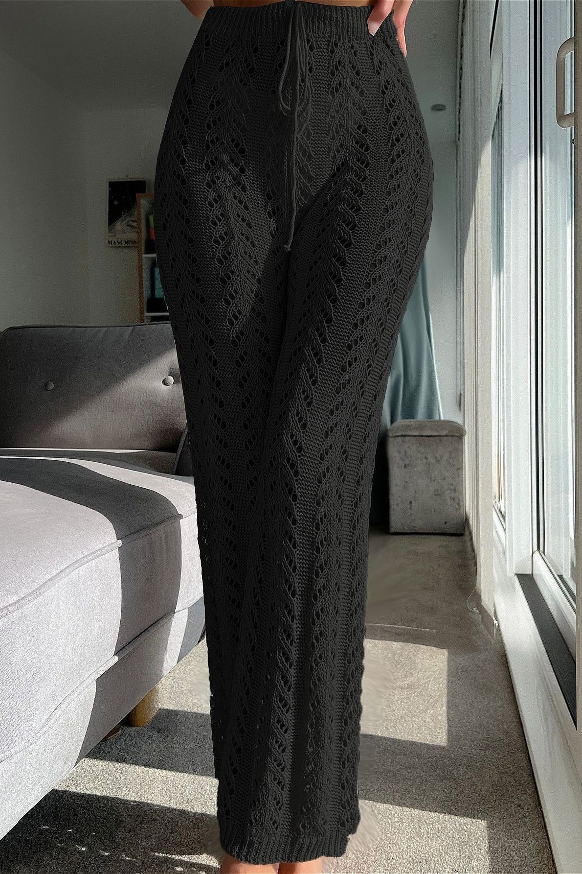 Vacation Knit Hollow Out Tie Flared Pants image 3
