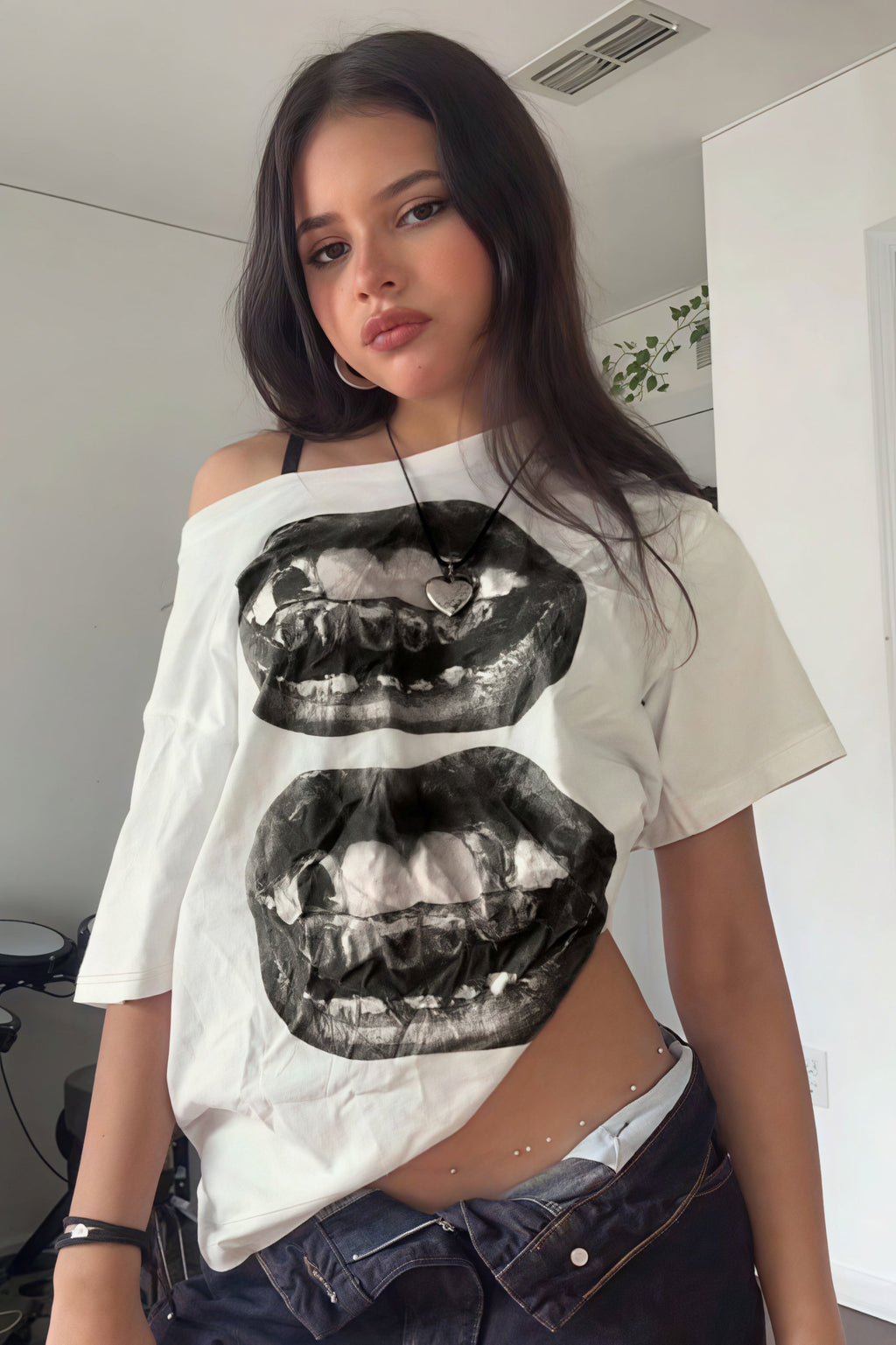Hip Hop Lip Print Asymmetric Neck Sexy T-shirt image 1