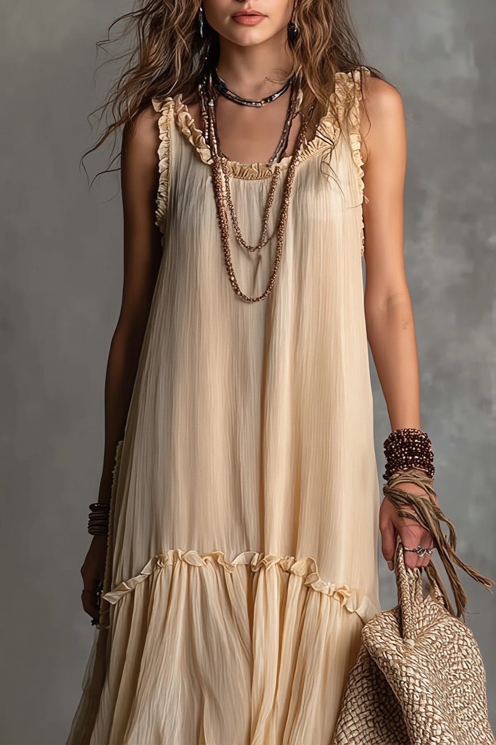 Solid Flowy Pleated Maxi Boho Dress image 3
