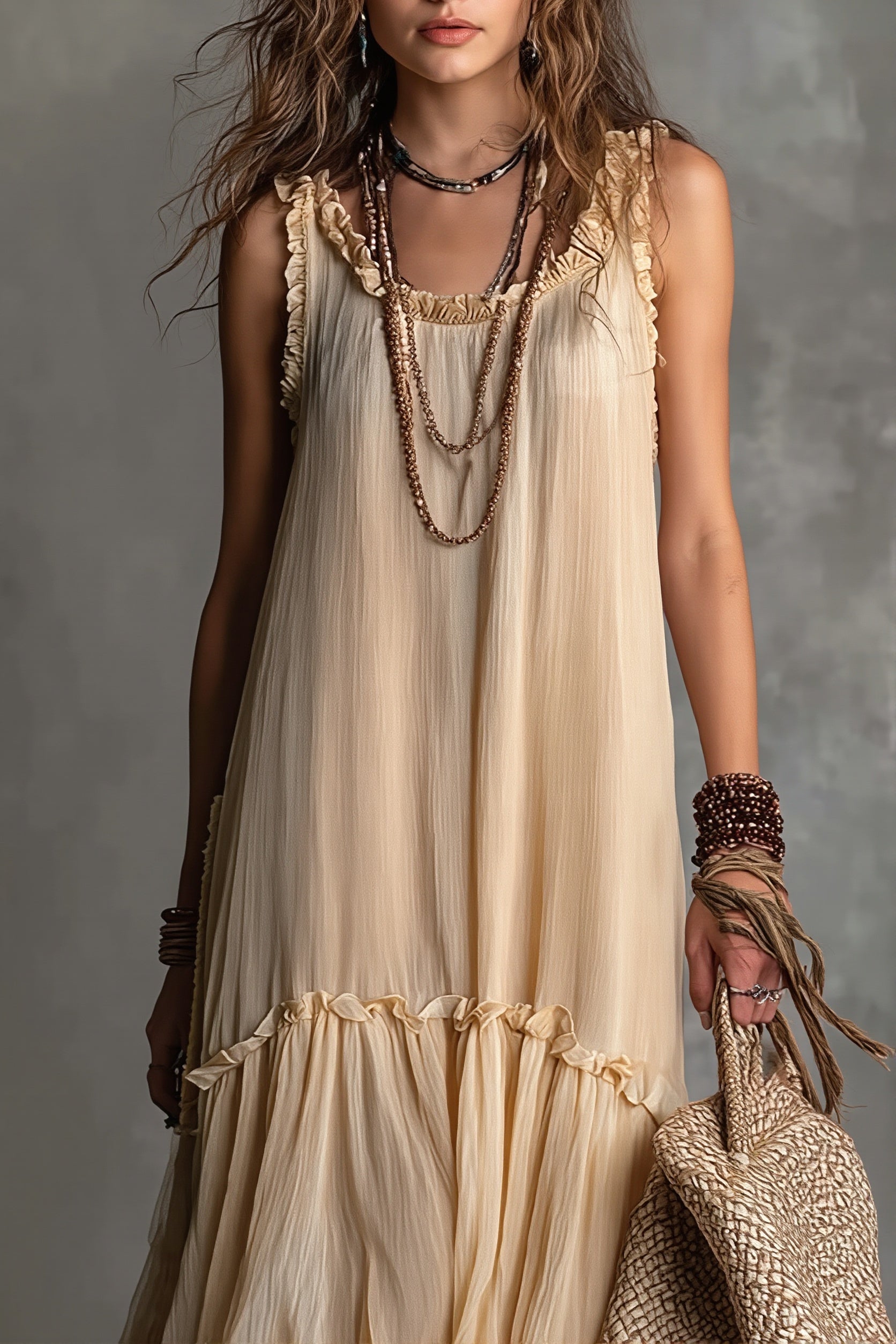 Solid Flowy Pleated Maxi Boho Dress image 3