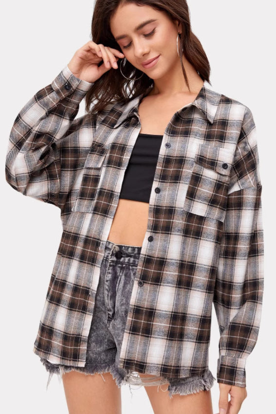 Plaid Stand Collar Button Shirt  Blouse image 7