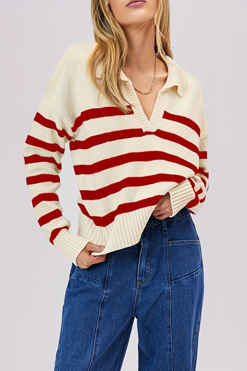 Striped Wool Collar V-Neck Sweater image 1