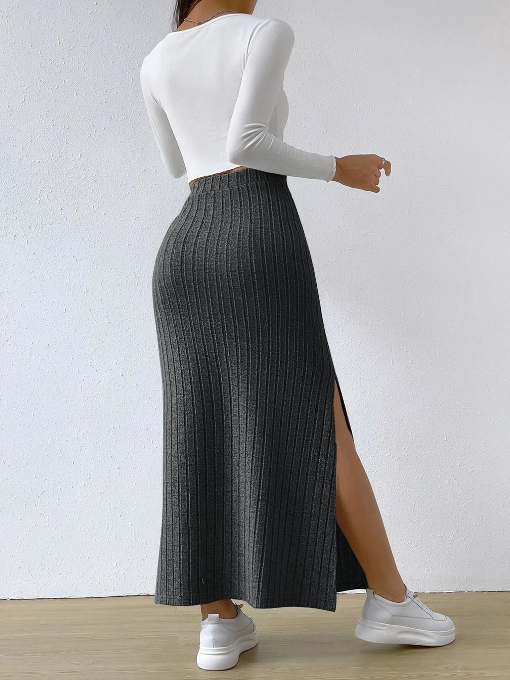 Noemi Ribbed Knit Skirt detail view styled for Avrienne