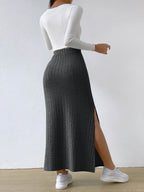 Noemi Ribbed Knit Skirt detail view styled for Avrienne