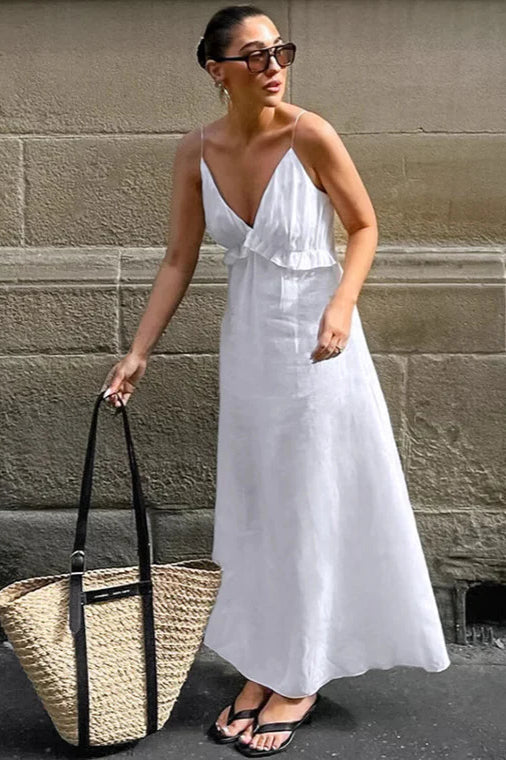 Sexy White Cotton Linen V-Neck Ruffle Loose Maxi Dress image 4