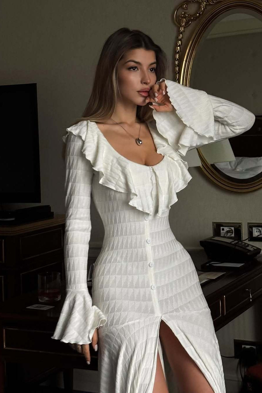 White Ruffle Hem Fishtail Boho Dress image 3