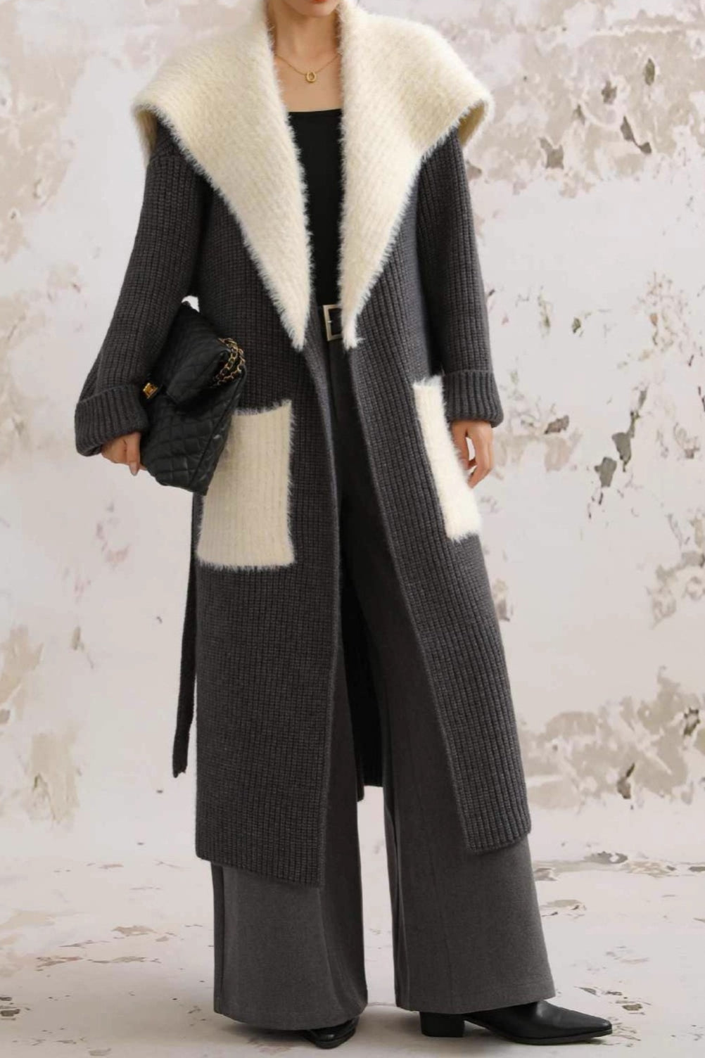 Faux Fur Collar Long Patchwork Loose Knit Overcoat image 11