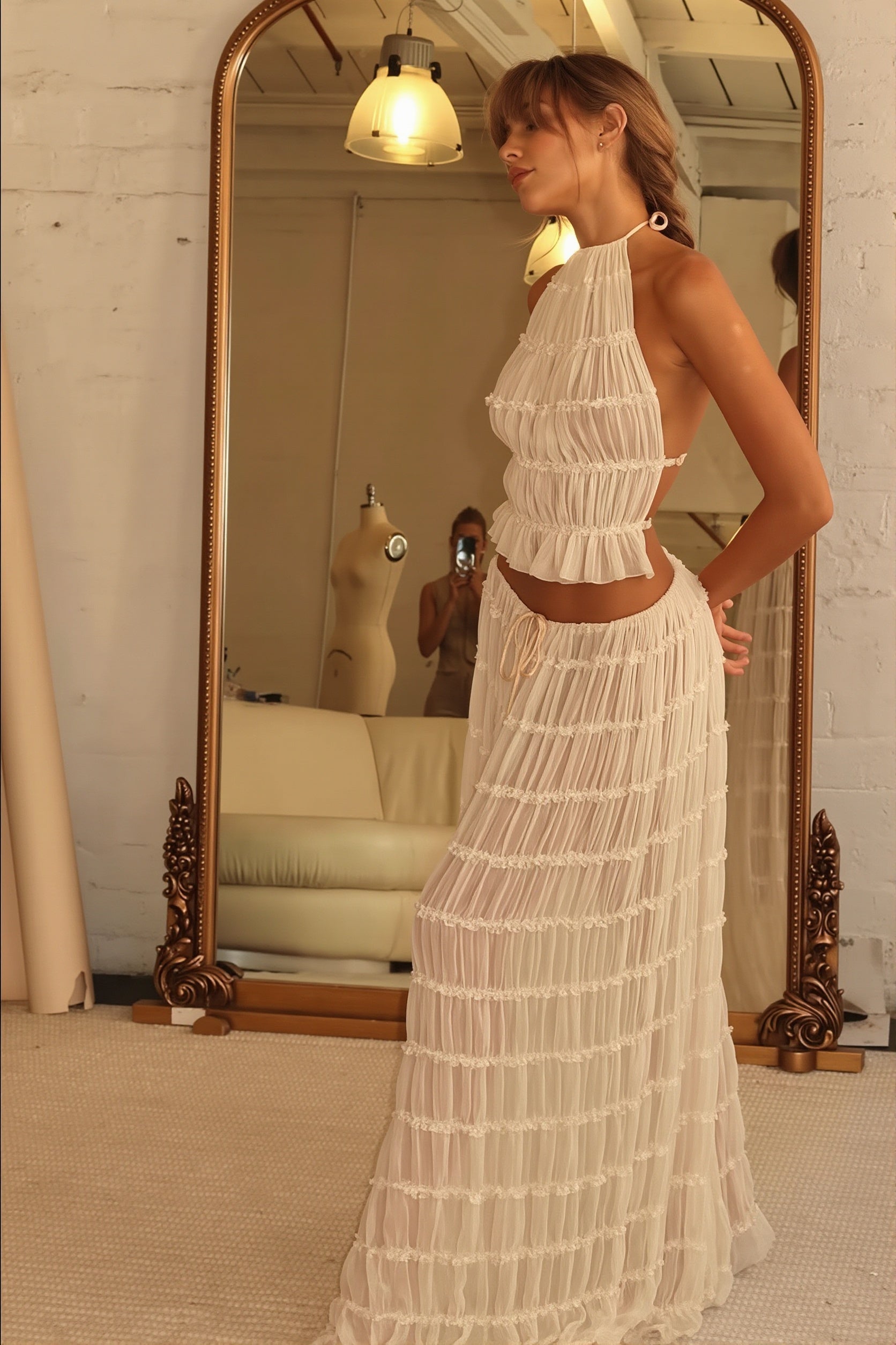 Sexy Lace Trim Halter Open Back Ruched Skirt Sets image 5
