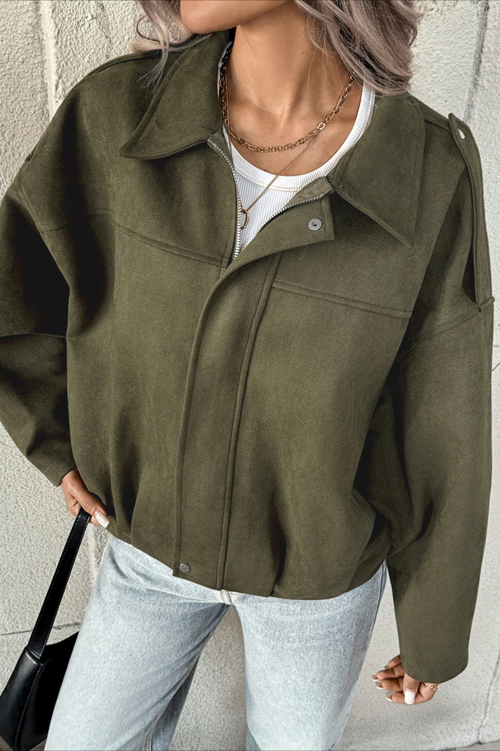 Lapel Collar Suede-Look Bomber Jacket image 4