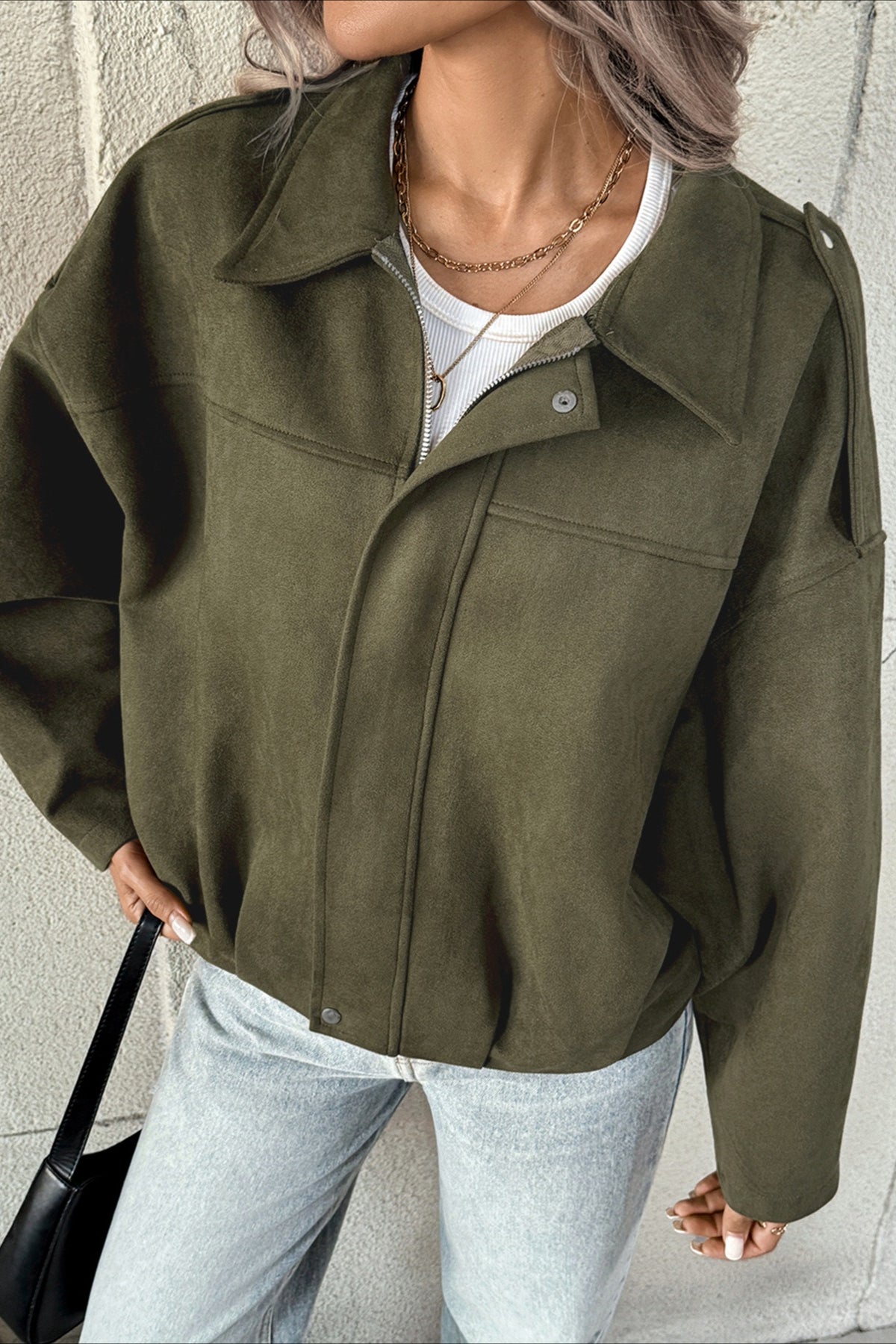 Lapel Collar Suede-Look Bomber Jacket image 4