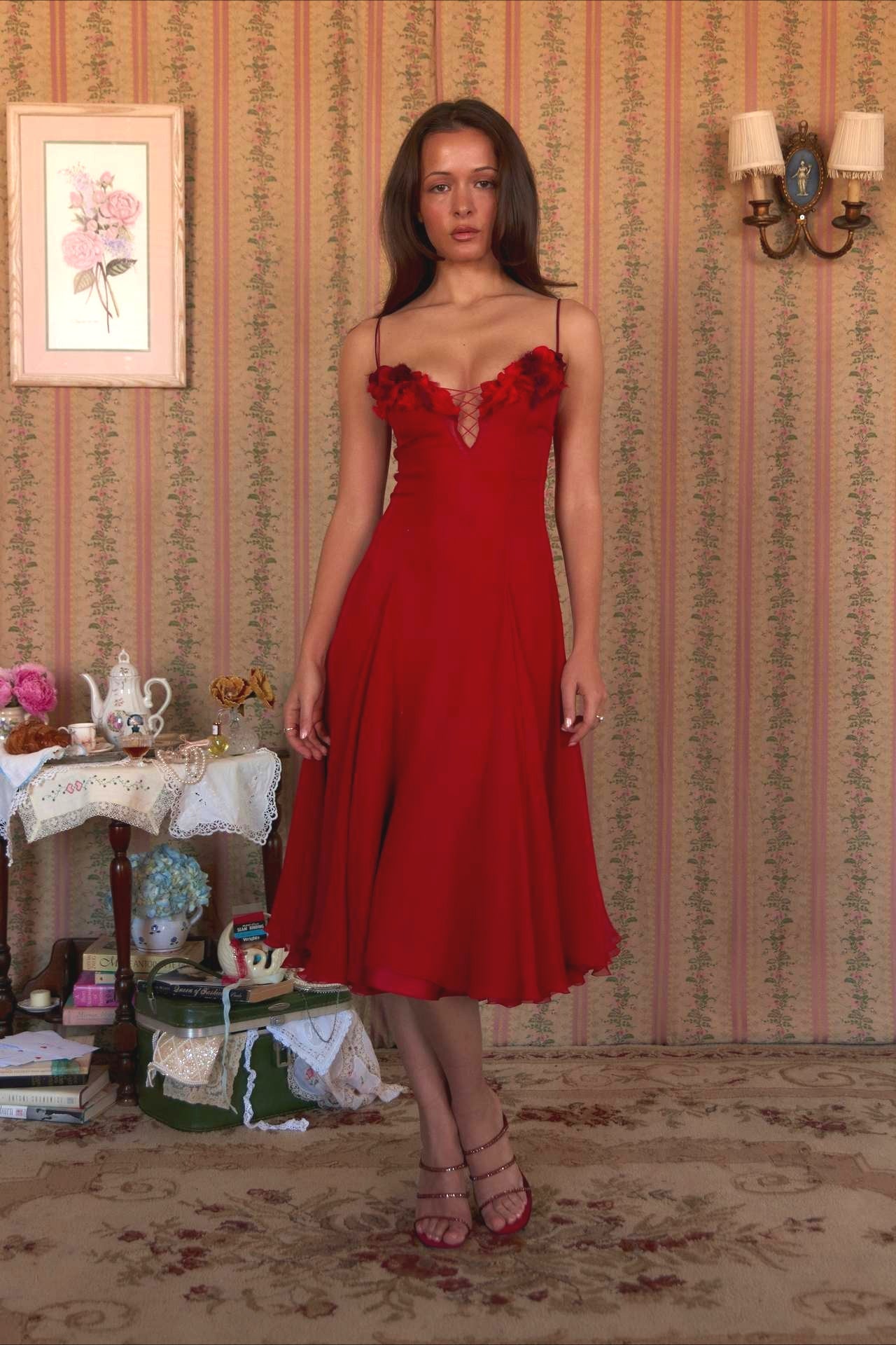 3D Flower Deep V Patchwork Spaghetti Strap Romantic Midi Dress image 9