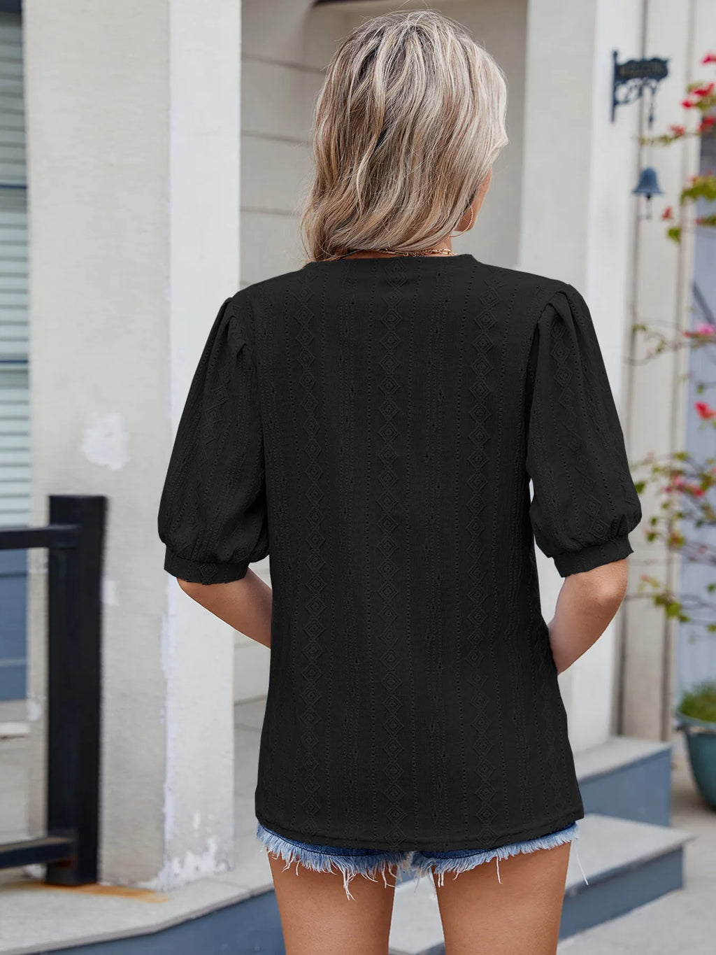 Mireille Eyelet Top detail view styled for Avrienne