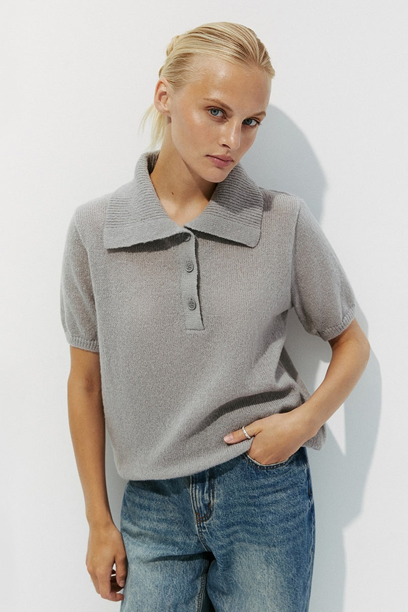 Minimalist Polo Hollow Knit Puff Sleeve Blouse image 17