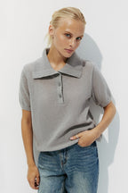 Minimalist Polo Hollow Knit Puff Sleeve Blouse image 17