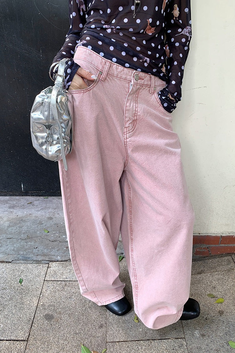 Pink Heart Pocket Loose Wide Leg Jeans image 1
