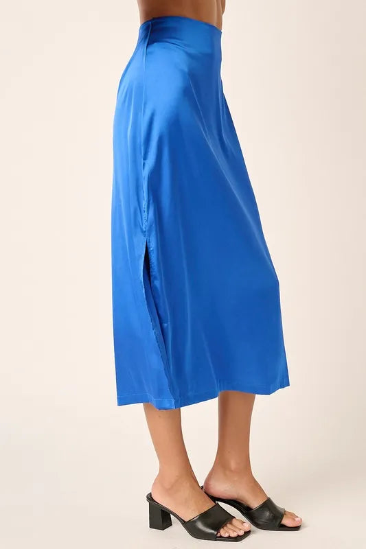Rhea Satin Skirt detail view styled for Avrienne