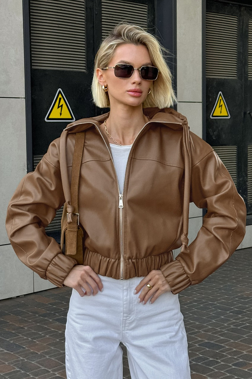 Black Faux Leather Hooded Loose Streetwear Jacket image 9