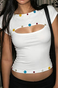Color Button Hollow Cropped T-Shirt image 1