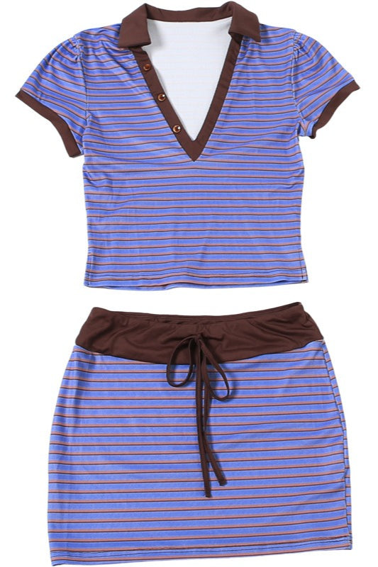 Striped Deep V Short Sleeve Bodycon Skirt Sets image 7