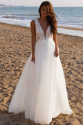 Elegant Minimalist Deep V Backless Reception Dress image 1