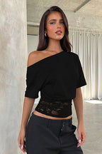 Asymmetric Off Shoulder Lace Waist Slim Crop T-shirt image 4