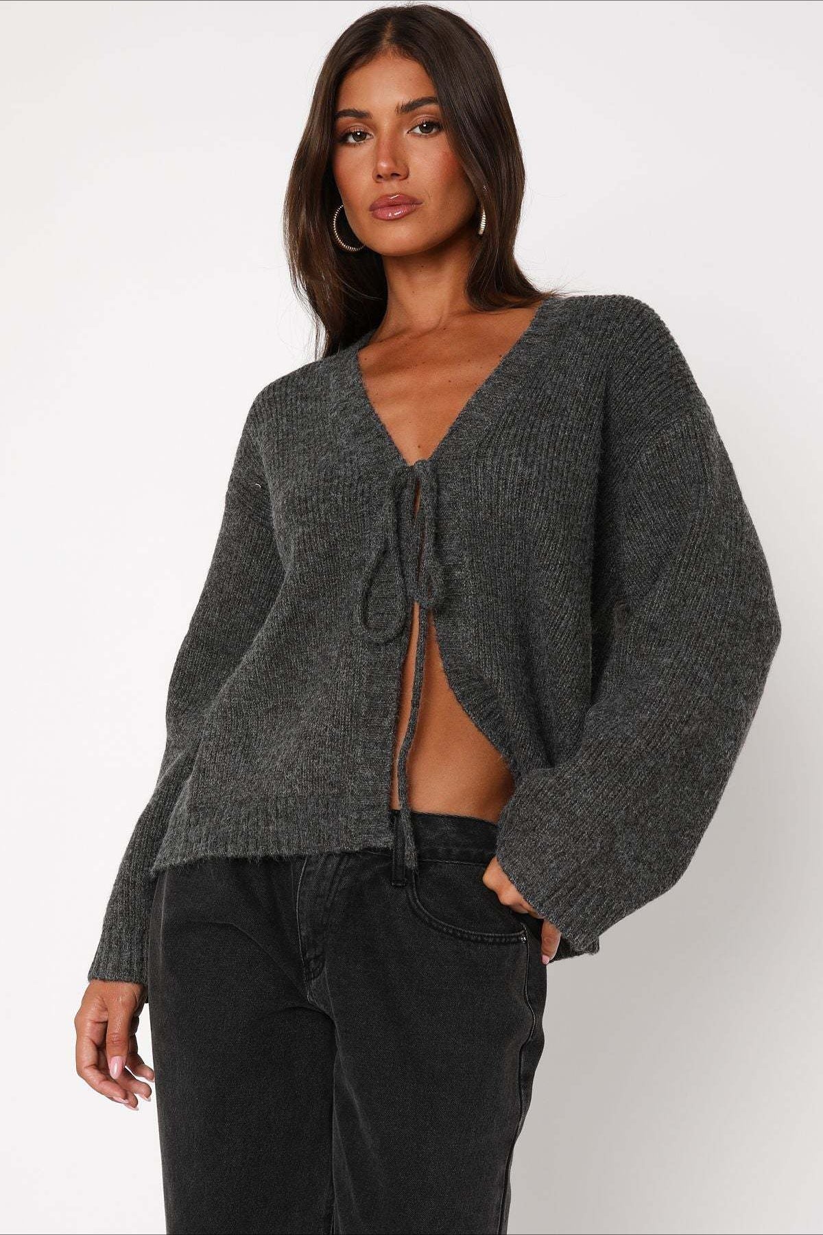 V-Neck Tie Front Knit Cardigan Sweater image 13