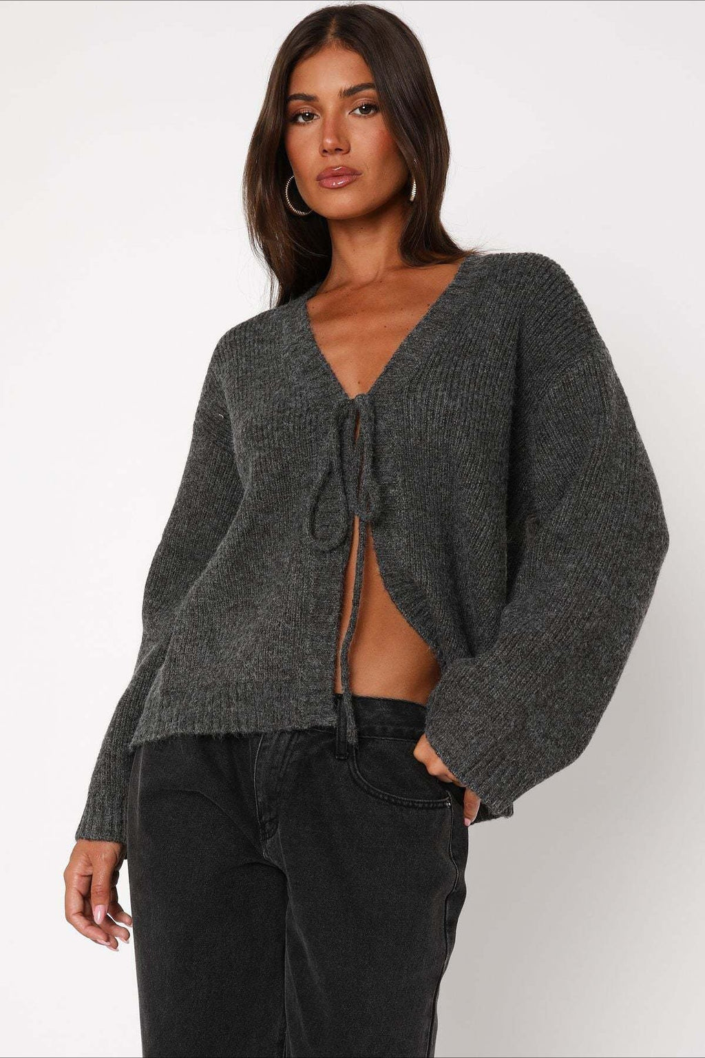 V-Neck Tie Front Knit Cardigan Sweater image 2