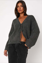 V-Neck Tie Front Knit Cardigan Sweater image 2