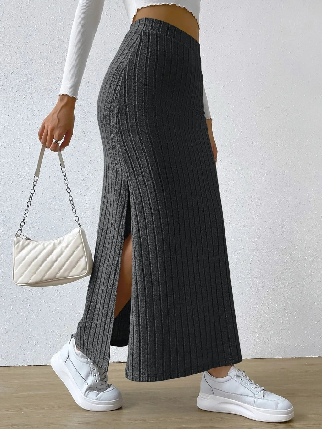 Noemi Ribbed Knit Skirt detail view styled for Avrienne