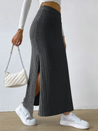 Noemi Ribbed Knit Skirt detail view styled for Avrienne