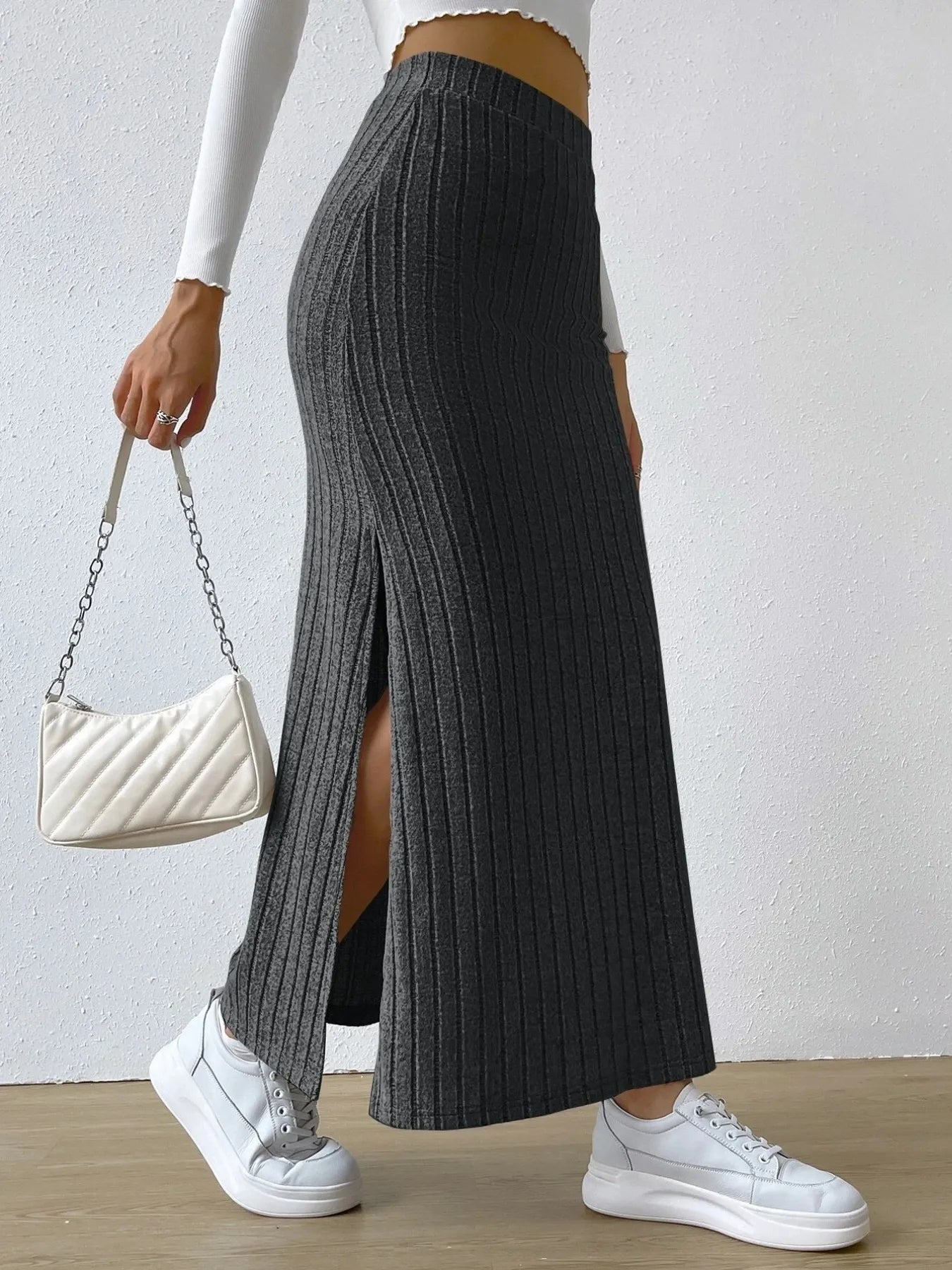Noemi Ribbed Knit Skirt detail view styled for Avrienne