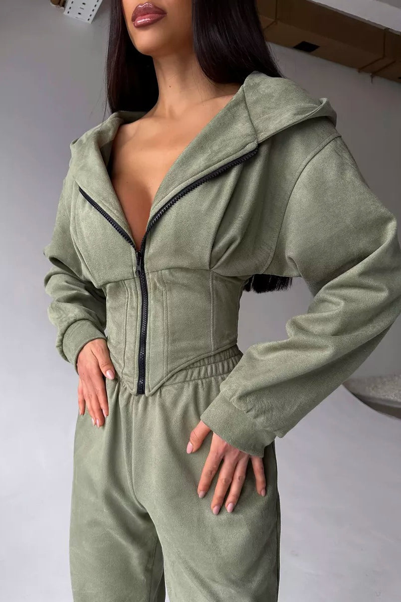 Hooded Drawstring Two Piece Pants Set image 1