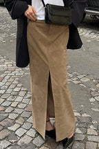 Vintage Suede Brown High Waist Split Midi Skirt image 3