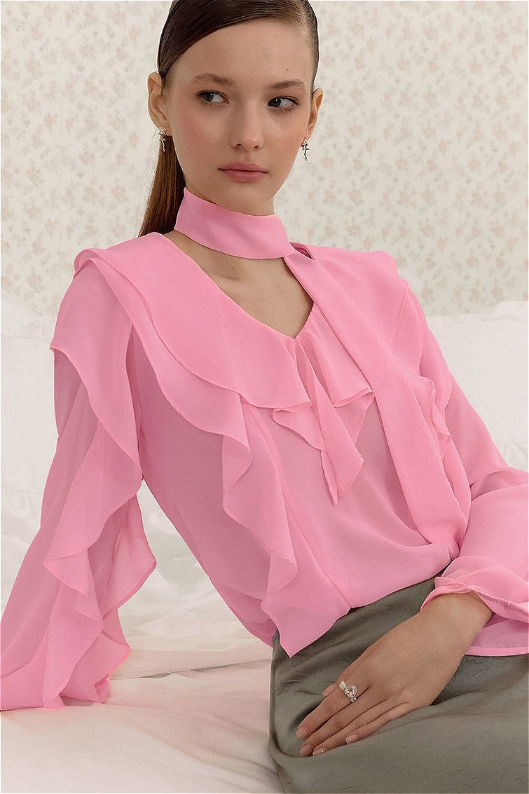 Elegant Solid Chiffon Ruffled Tie Blouse image 9