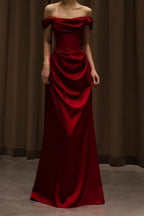 Off Shoulder Wine Red Satin Formal Dress image 1
