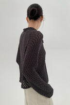 Hollow-Out Collared Tie-Waist Long-Sleeve Short Knit Cardigan image 5