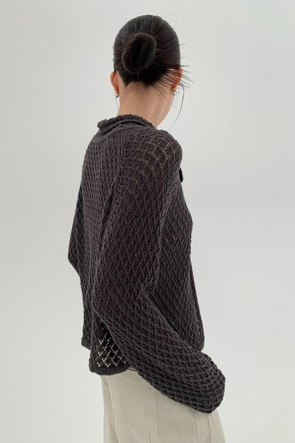 Hollow-Out Collared Tie-Waist Long-Sleeve Short Knit Cardigan image 5
