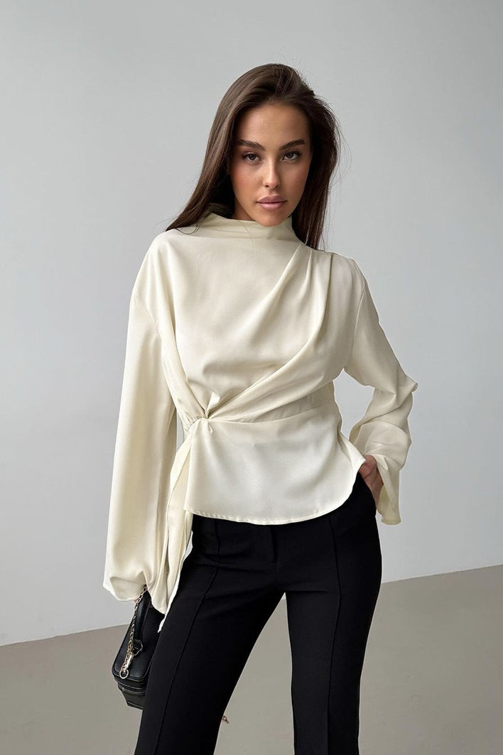 Chiffon Tie Waist Stand Collar Long Sleeve Tee image 3