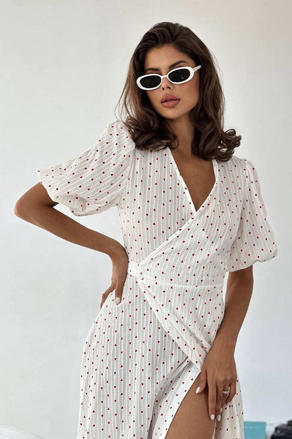 Cotton Heart Print V-Neck Wrap Maxi Dress image 1