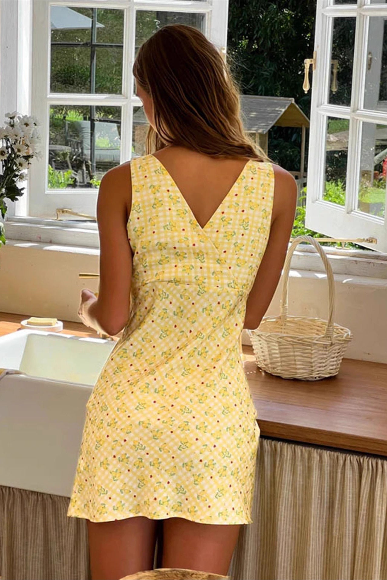 Plaid Floral Print V Neck A Line Mini Dress image 3