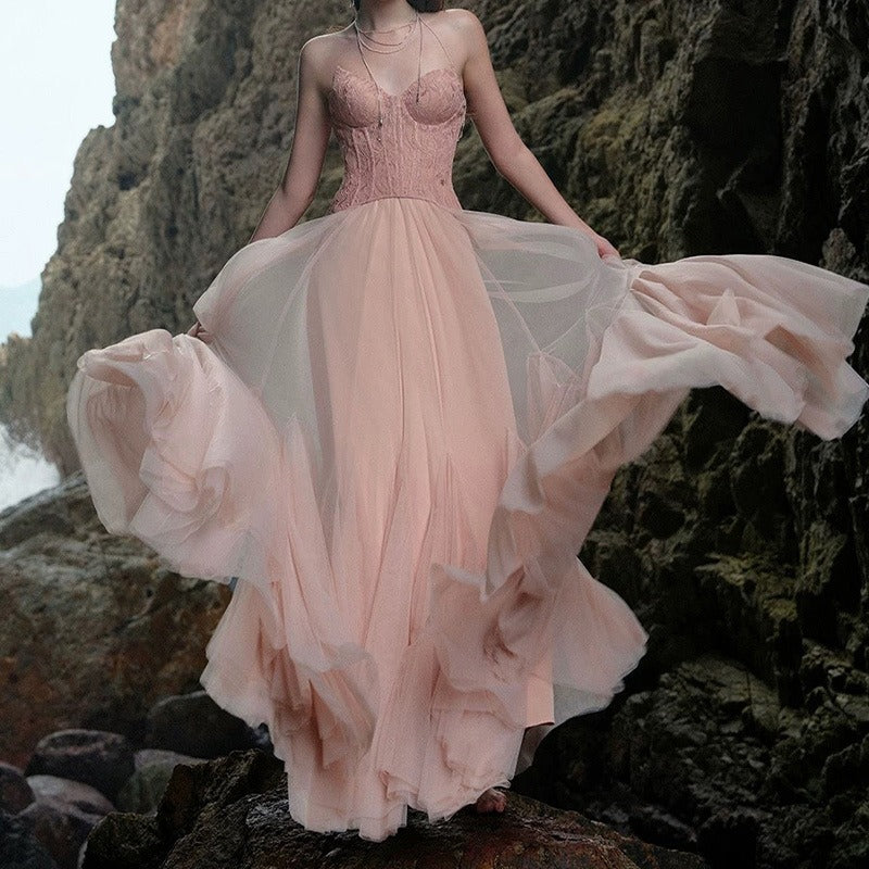 Lace Bone Tube Mesh Flared Prom Dress image 1